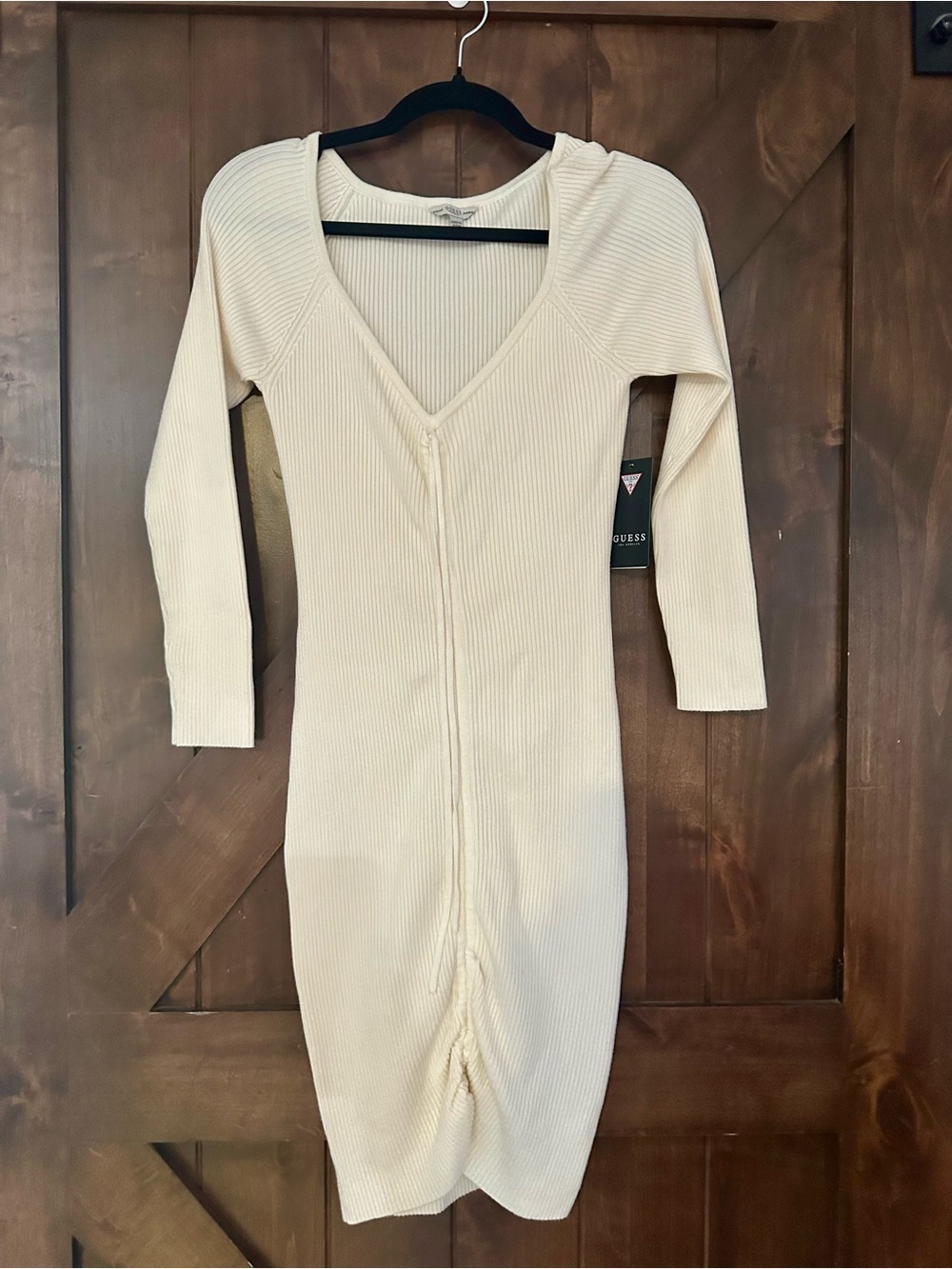 GUESS Cream Ribbed V-Neck Long Sleeve Midi Dress